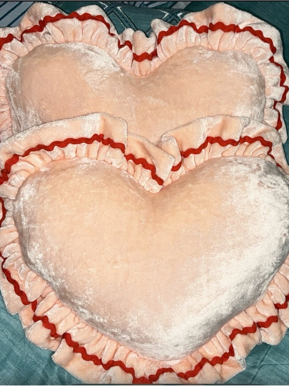 Plush Heart Throw Pillow in Peach with Red Trim